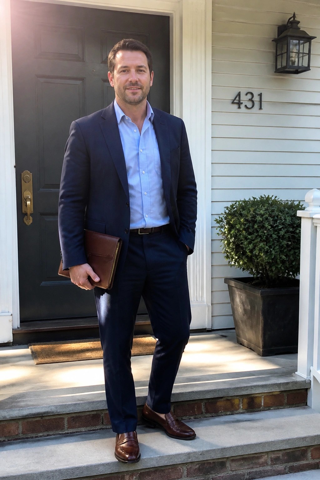 Man in navy suit holding brown leather portfolio on house porch steps