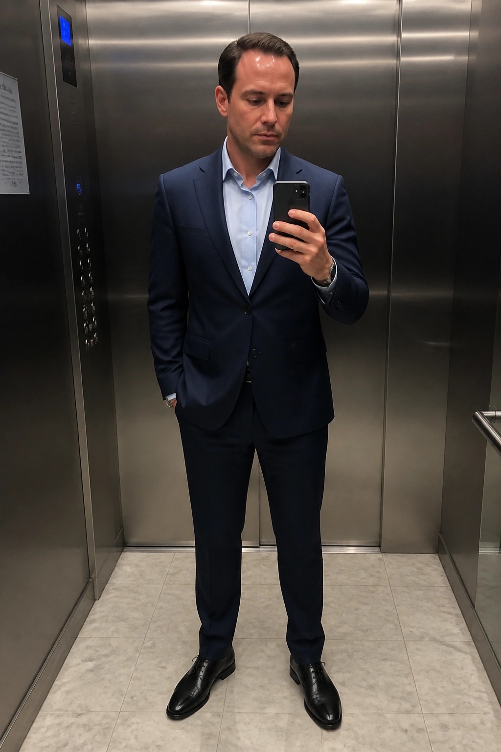 Man in navy suit holding smartphone inside stainless steel elevator