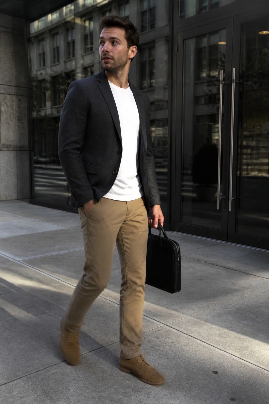 Man in dark blazer, white t-shirt, and khaki pants holding black briefcase outdoors