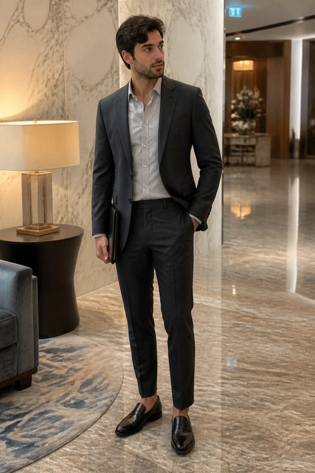 Man in dark gray suit and loafers stands in marble lobby holding tablet.