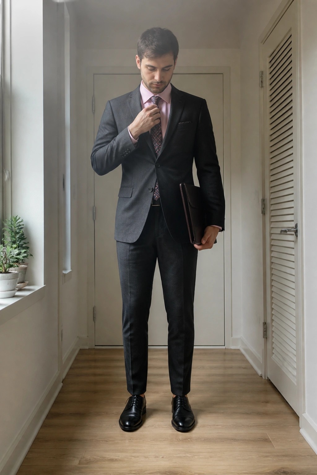 Man in gray suit and pink shirt adjusts tie while holding portfolio in hallway
