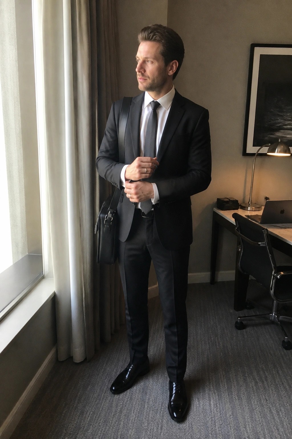 Man in black suit adjusting tie with bag by window in modern room