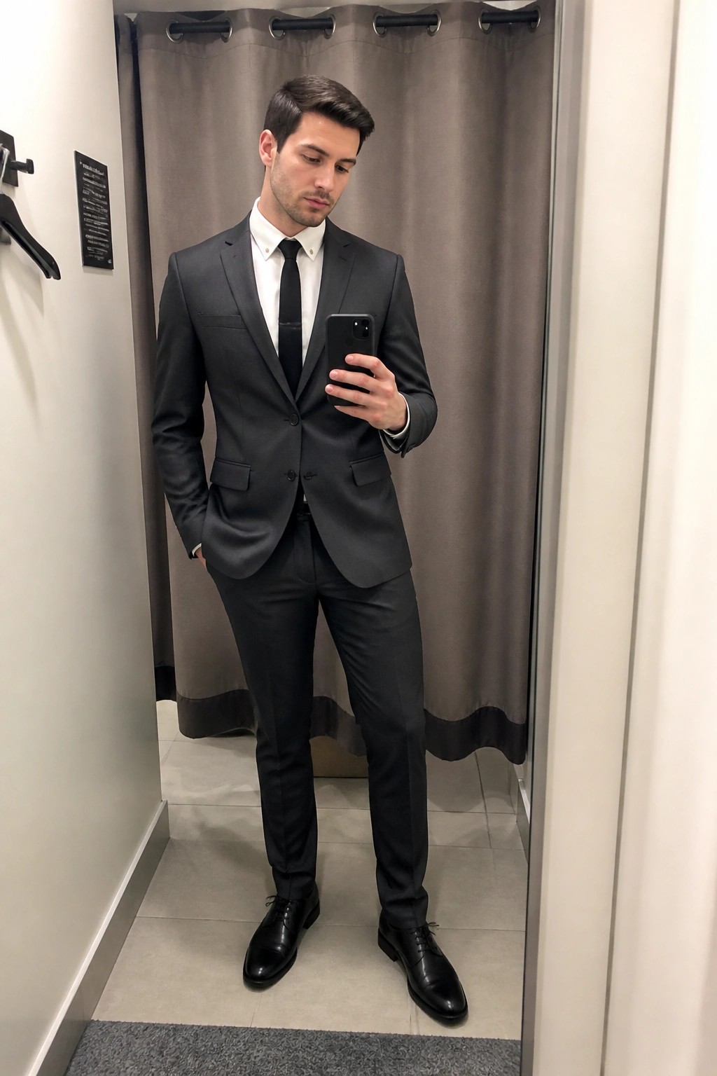Man in dark gray suit and black tie taking mirror selfie in fitting room