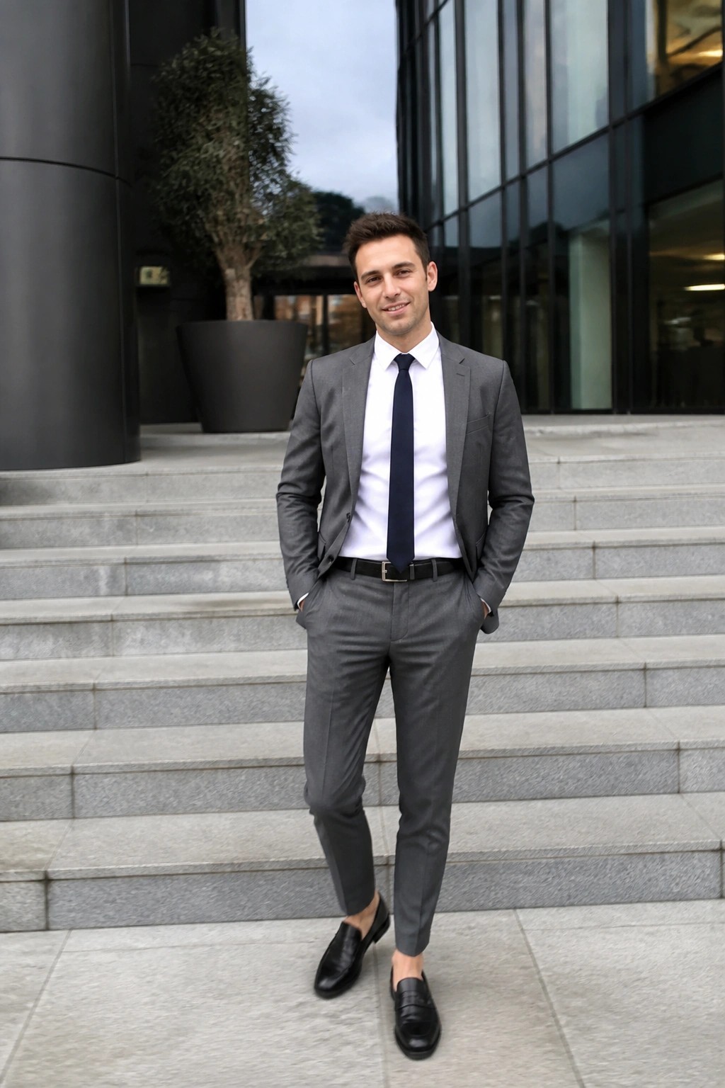 Man wearing fitted gray suit jacket and trousers with white dress shirt navy tie black belt and black loafers standing on stone steps with hands in pockets