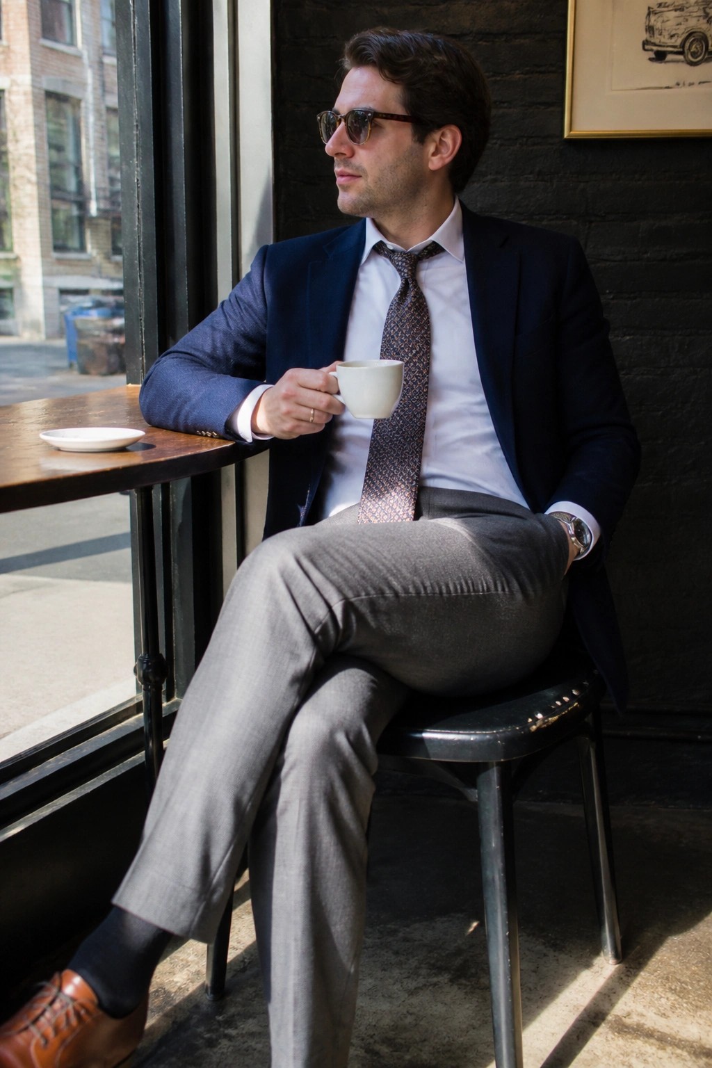 Man in navy blazer, patterned tie, and gray pants holds white coffee cup by window