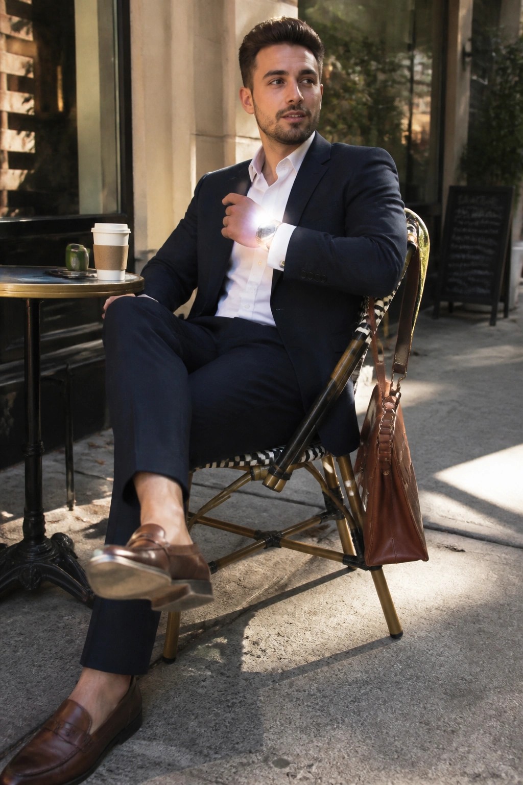 Man in navy suit checks glowing watch at sunny outdoor cafe with coffee and bag
