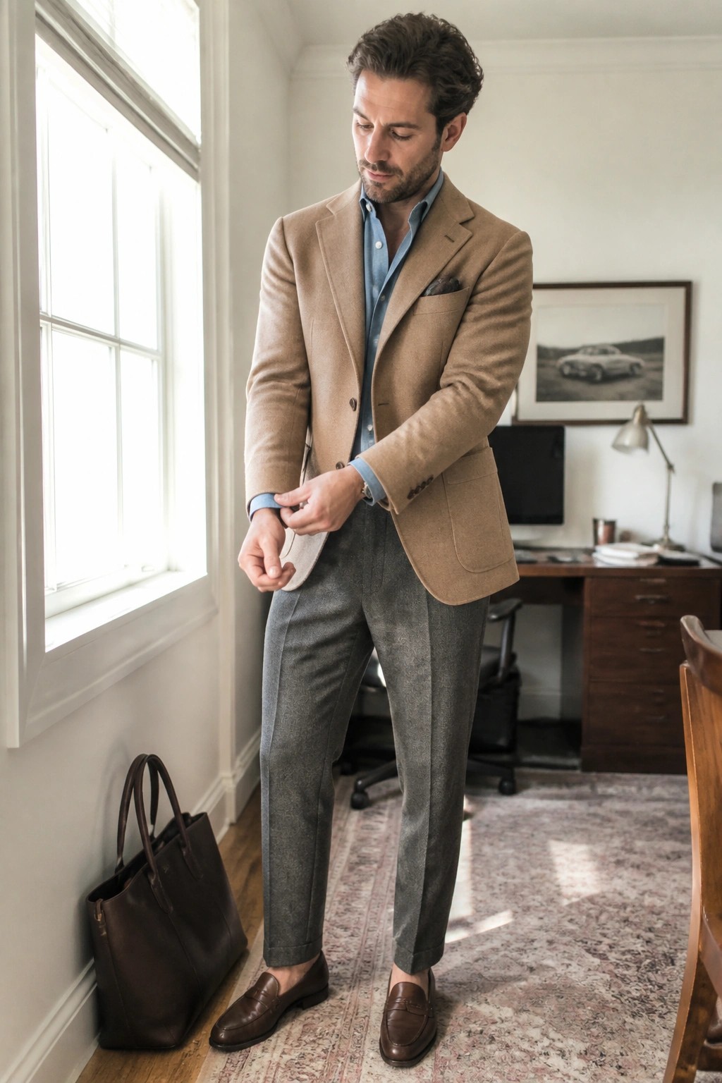 Man in tan blazer, blue shirt, and gray trousers in home office