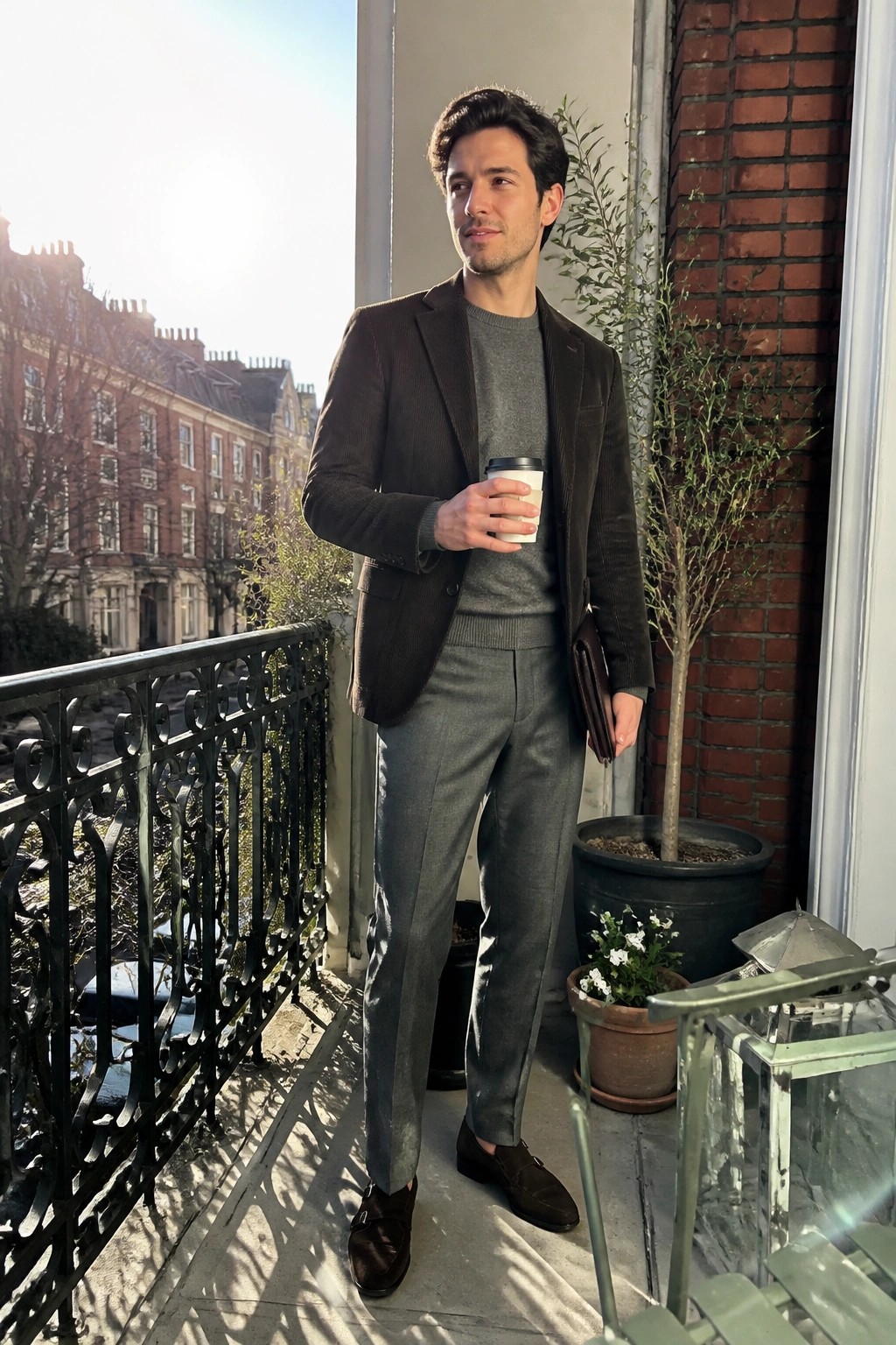 Man in brown corduroy blazer and gray trousers holding coffee on sunny balcony