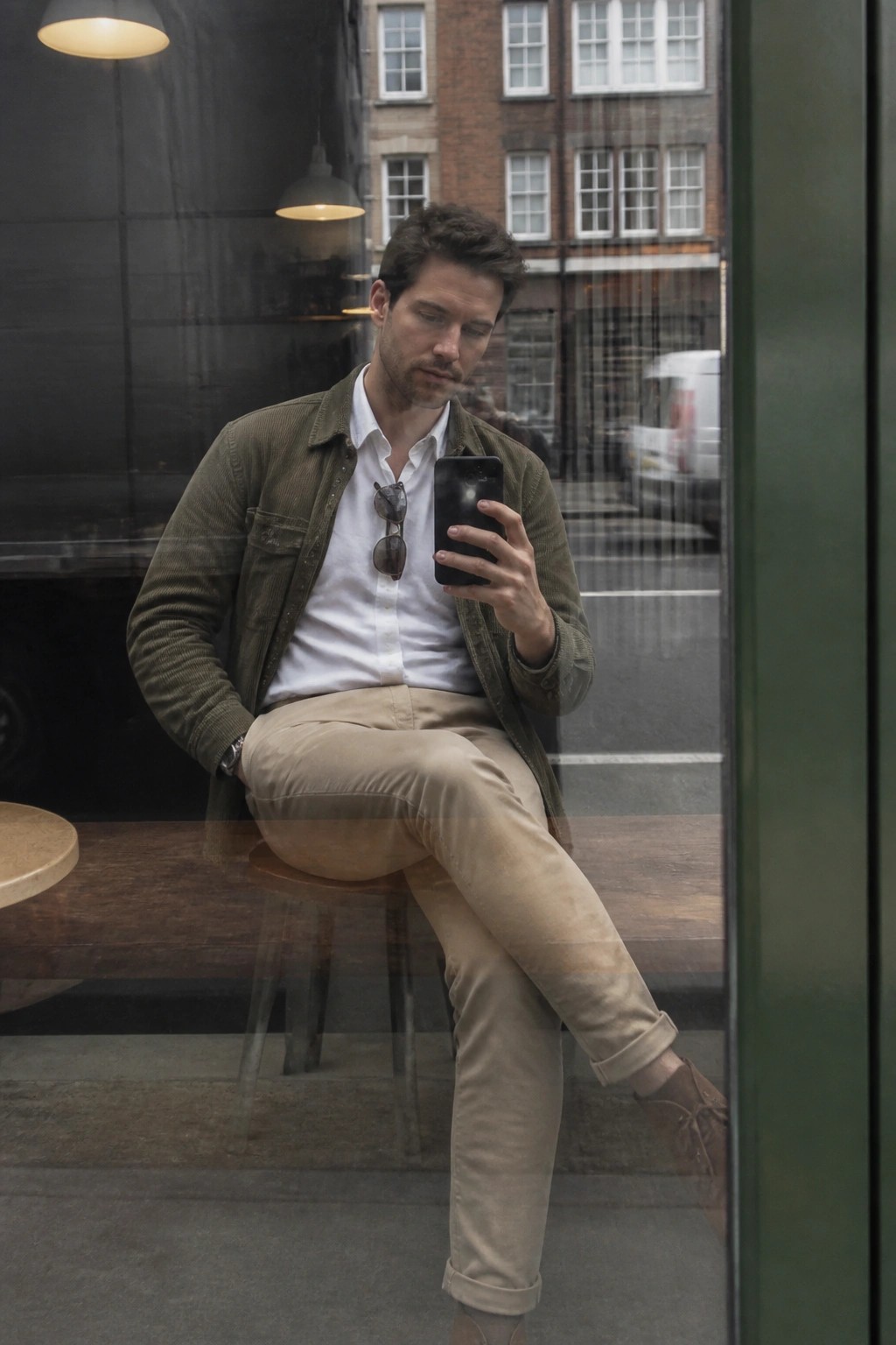 Man in green corduroy jacket and beige pants checks smartphone by window
