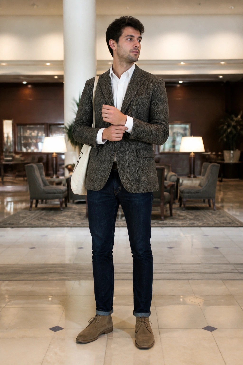 Man in brown herringbone blazer, white shirt, jeans, and suede boots in lobby