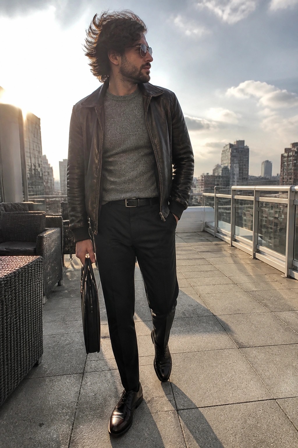 Man with windswept hair in leather jacket holding bag on sunny city rooftop