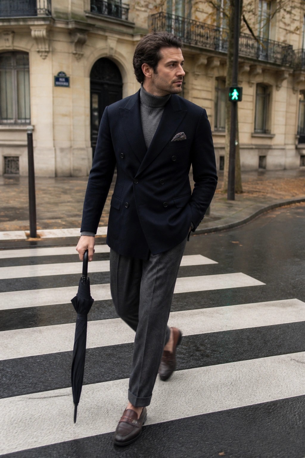 Man wearing a navy double breasted blazer over a gray turtleneck sweater with matching gray trousers and brown leather loafers while holding a closed black umbrella on a city crosswalk.