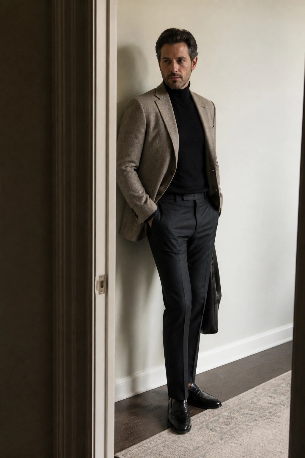 Man in beige blazer over black turtleneck leans in modern doorway wearing gray trousers.