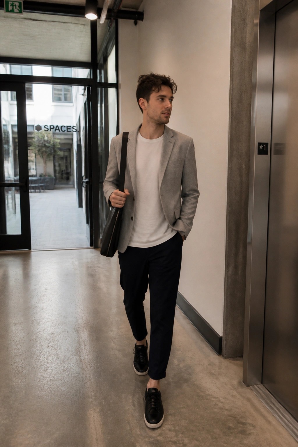 Man in gray blazer and white tee carrying black bag in modern hallway
