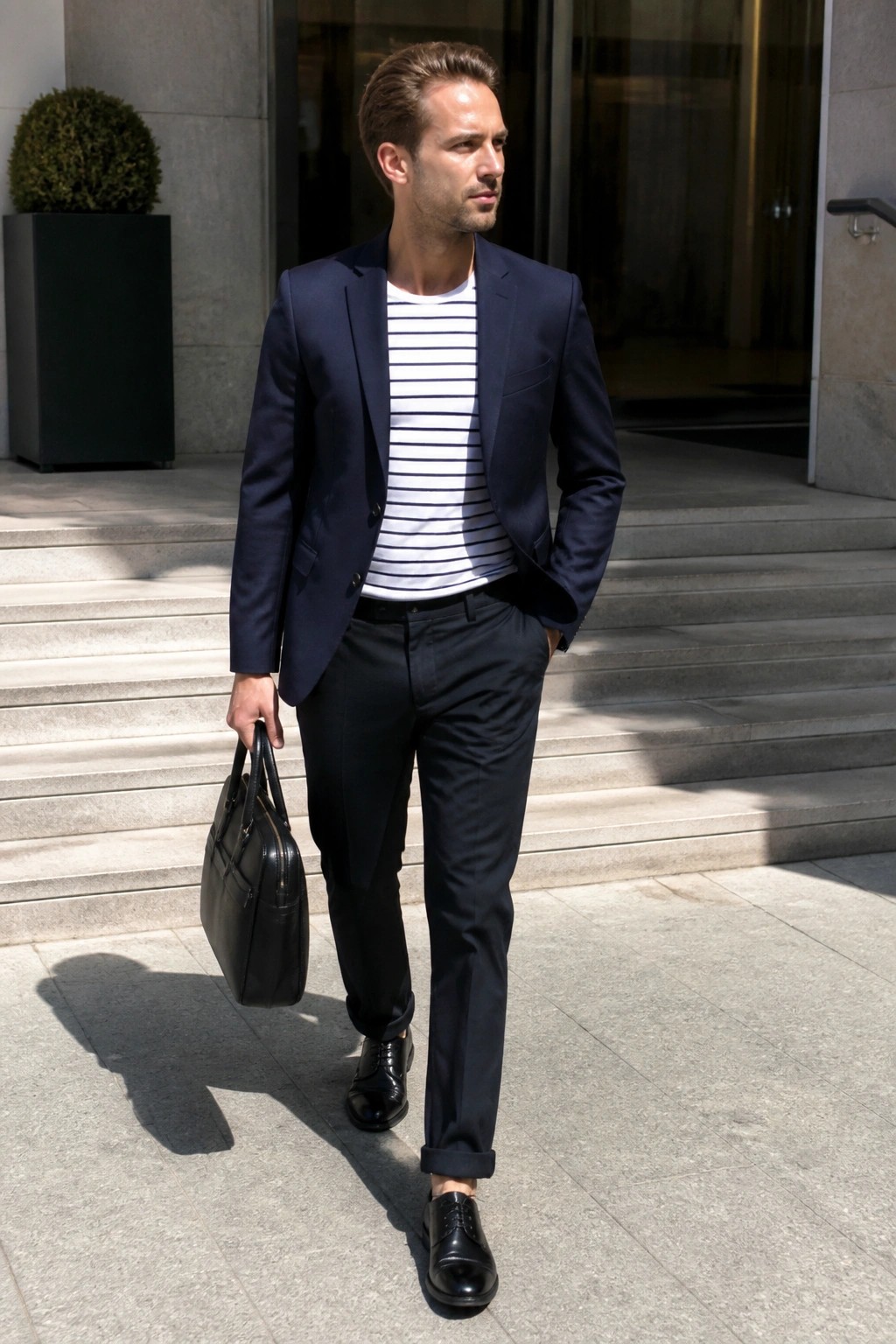 Man in navy blazer over striped shirt holding briefcase on stone steps.