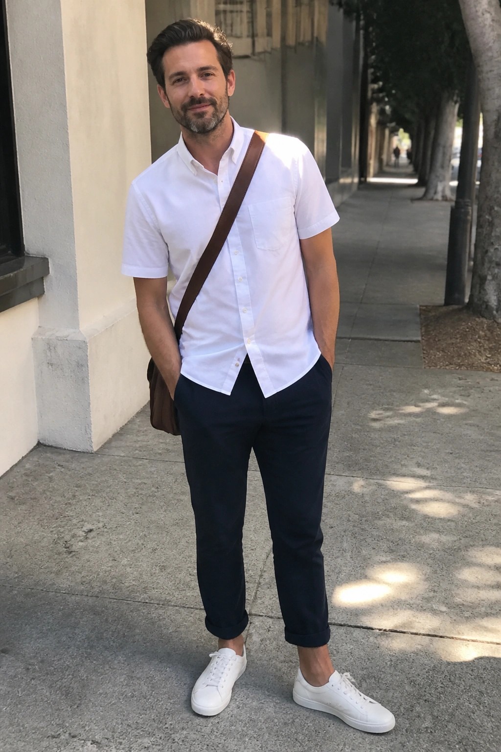 Man in white short-sleeve shirt, navy pants, and white sneakers with brown bag on sidewalk