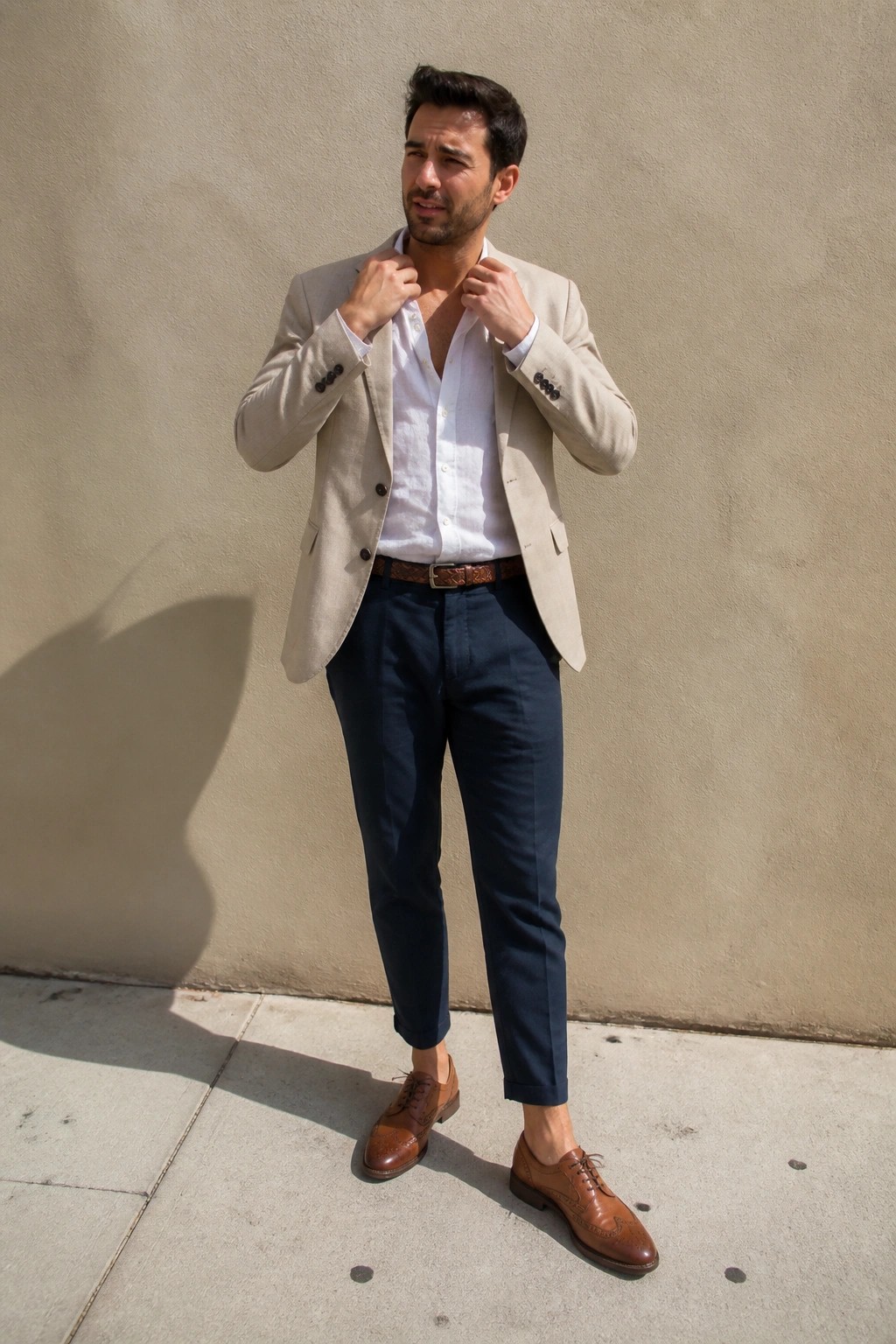 Man in beige blazer and white shirt adjusts collar on sunny sidewalk