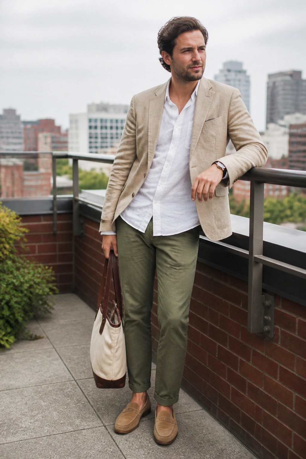 Man in beige blazer and olive pants holding canvas tote on city balcony