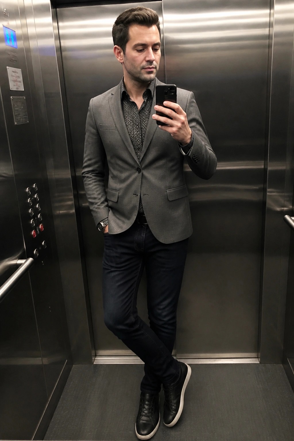Man in gray blazer taking mirror selfie with phone in elevator