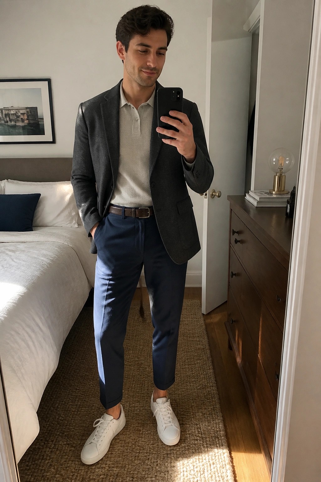 Man in gray blazer, beige sweater, navy pants takes mirror selfie in bedroom