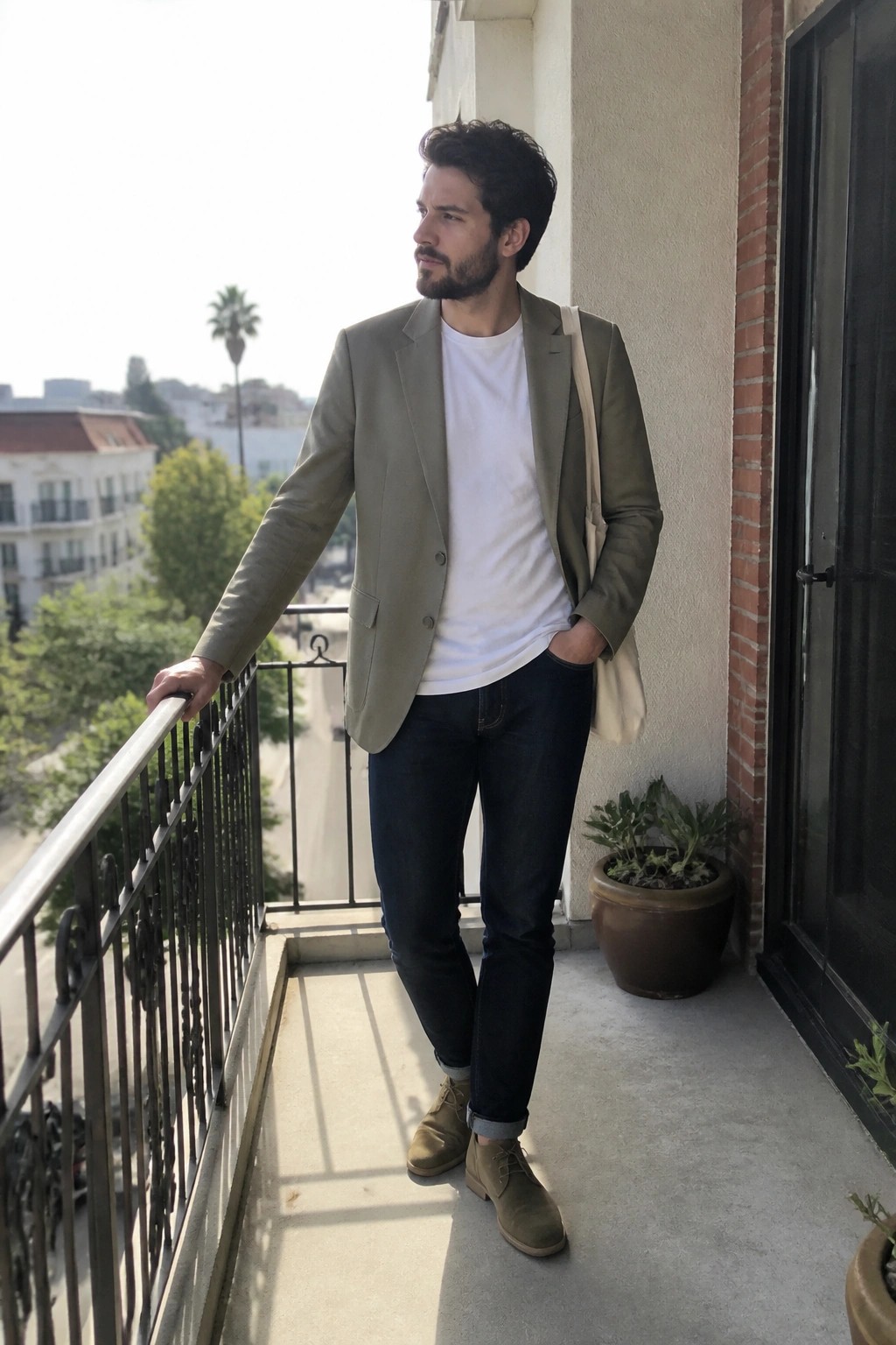 Man in olive blazer and white tee on sunny city balcony with tote bag