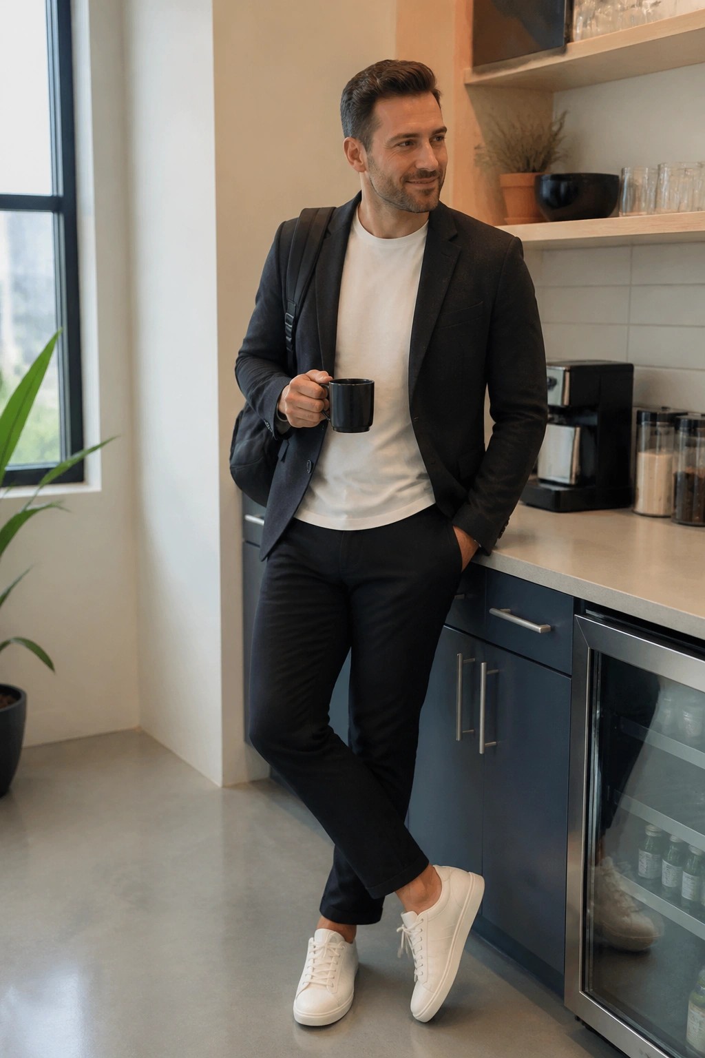 Man in black blazer holding coffee mug with backpack in modern kitchen