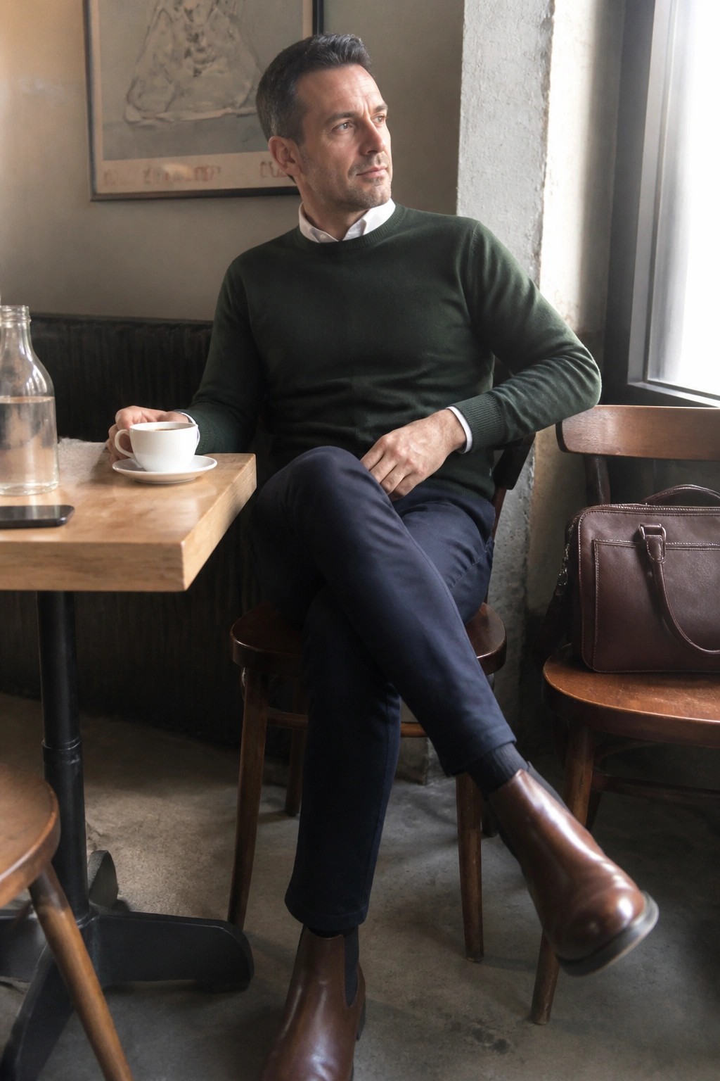 Man in green sweater and navy pants seated at cafe table with coffee