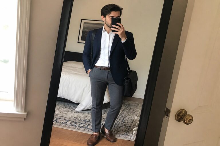 22 Refined Professional Workwear for Men Upgrading Their Everyday Corporate Style Man in navy blazer, white shirt, gray trousers, and brown loafers taking mirror selfie