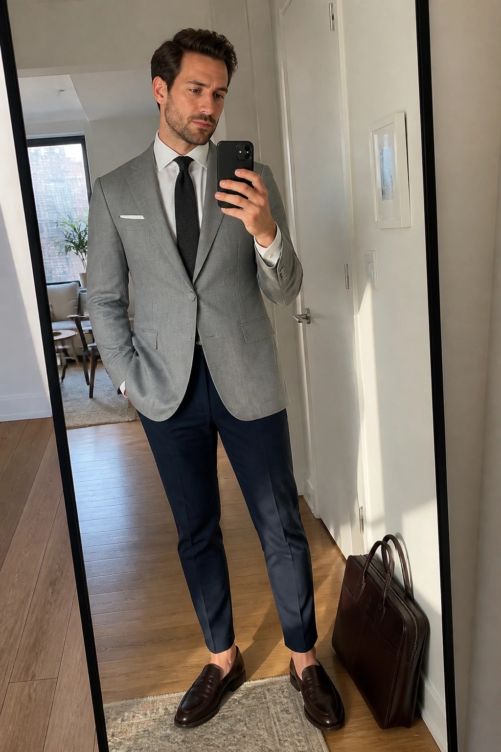 Man in gray suit and navy pants taking mirror selfie beside brown briefcase