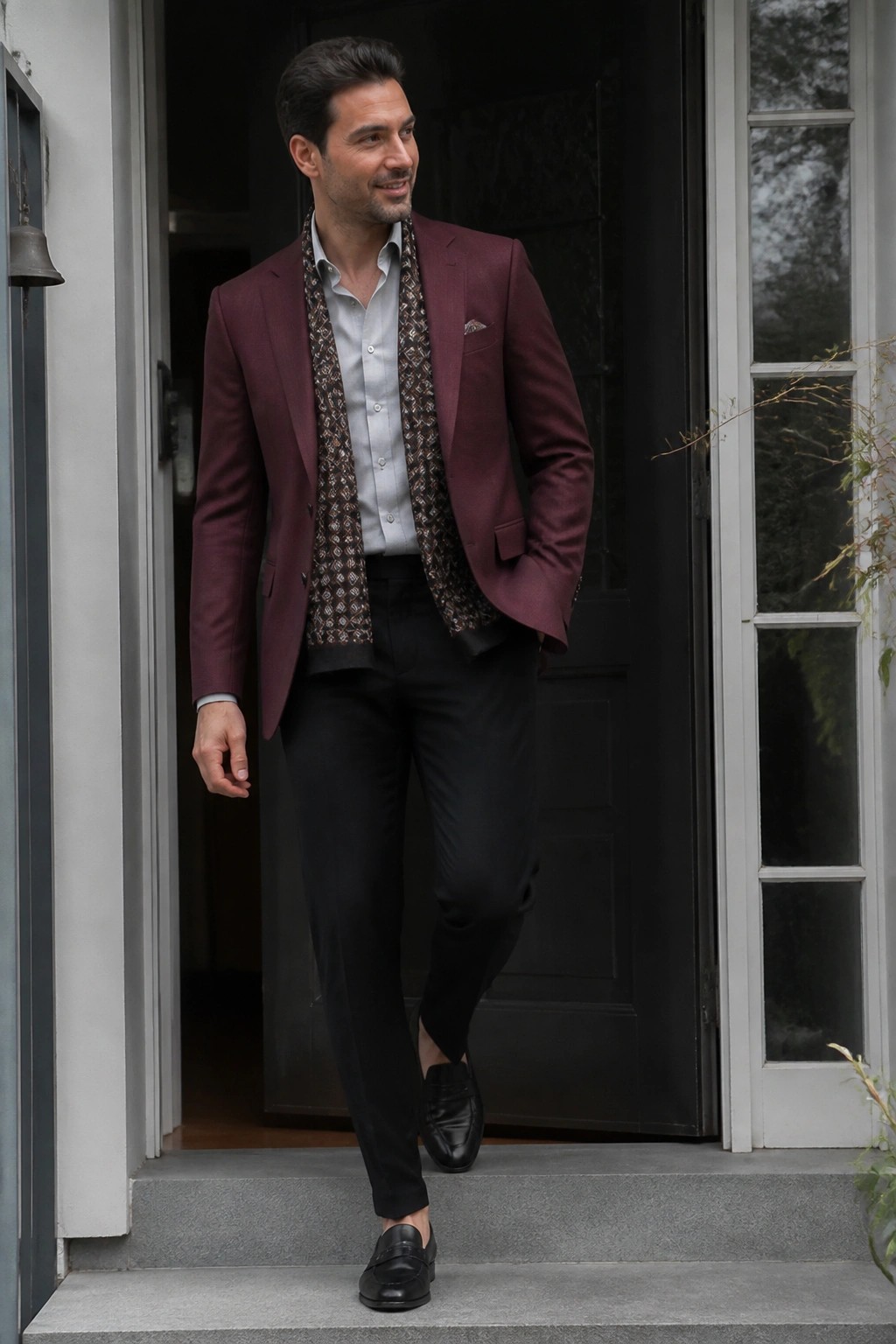 Man in maroon blazer and patterned vest steps from house doorway.