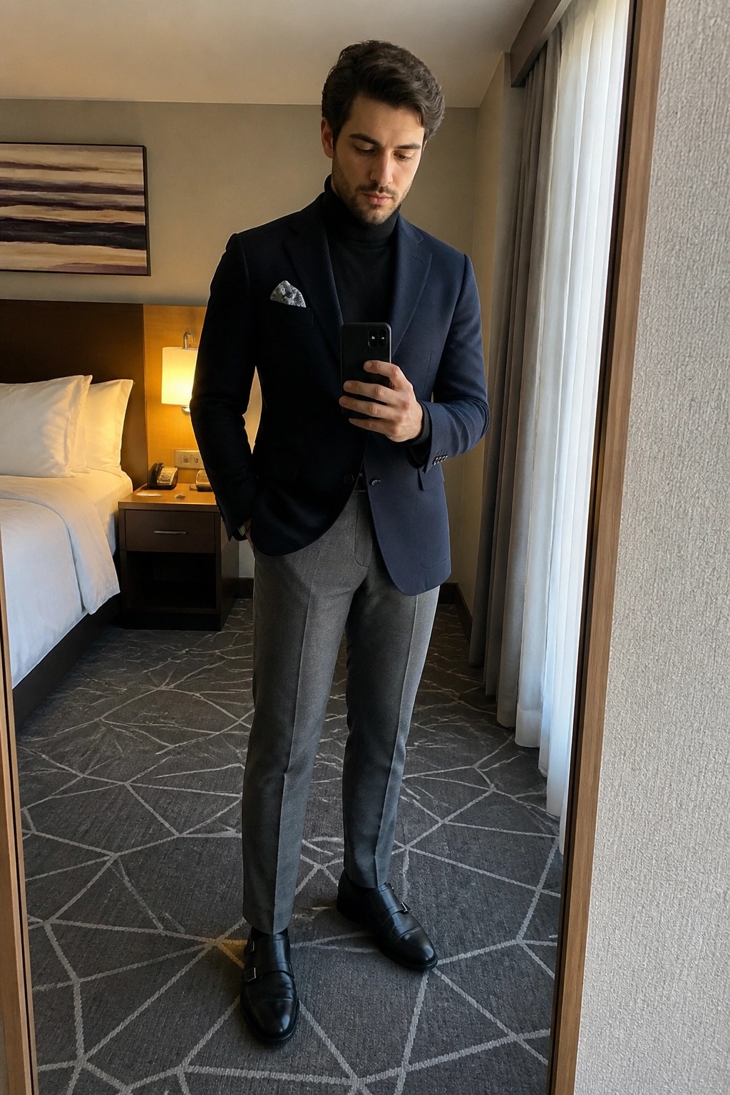 Man in navy blazer and gray trousers taking mirror selfie in hotel room