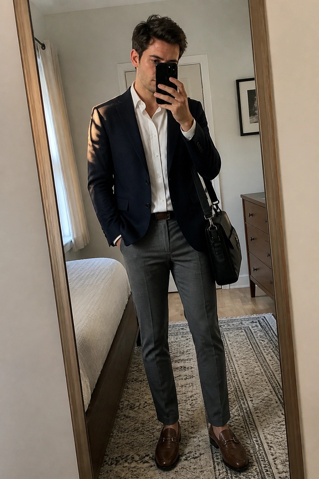 Man in navy blazer, white shirt, gray trousers, and brown loafers taking mirror selfie