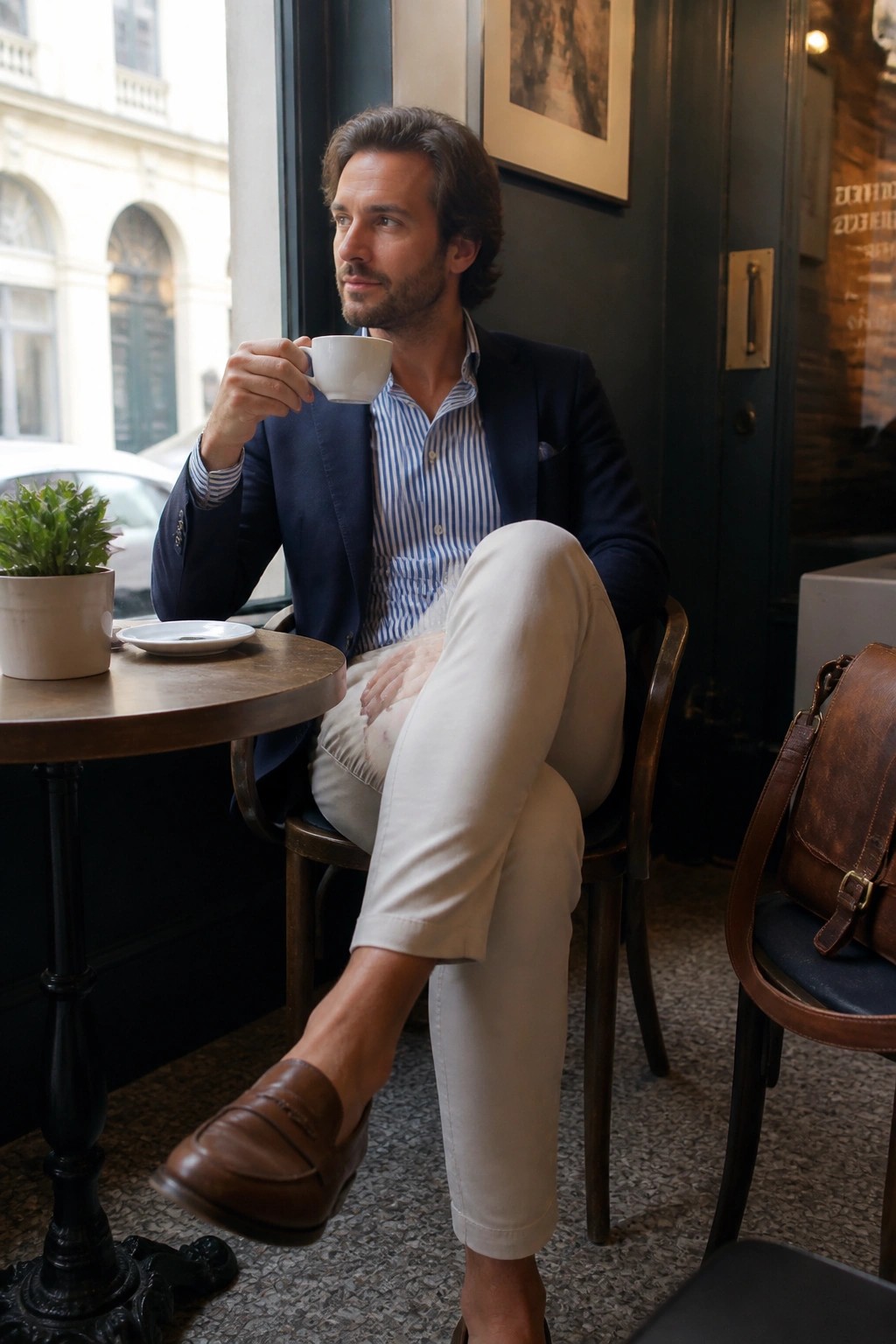 Man in navy blazer and striped shirt sips coffee in cafe
