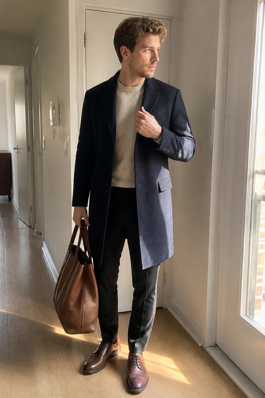 Man in navy overcoat and beige sweater holds brown leather tote near window