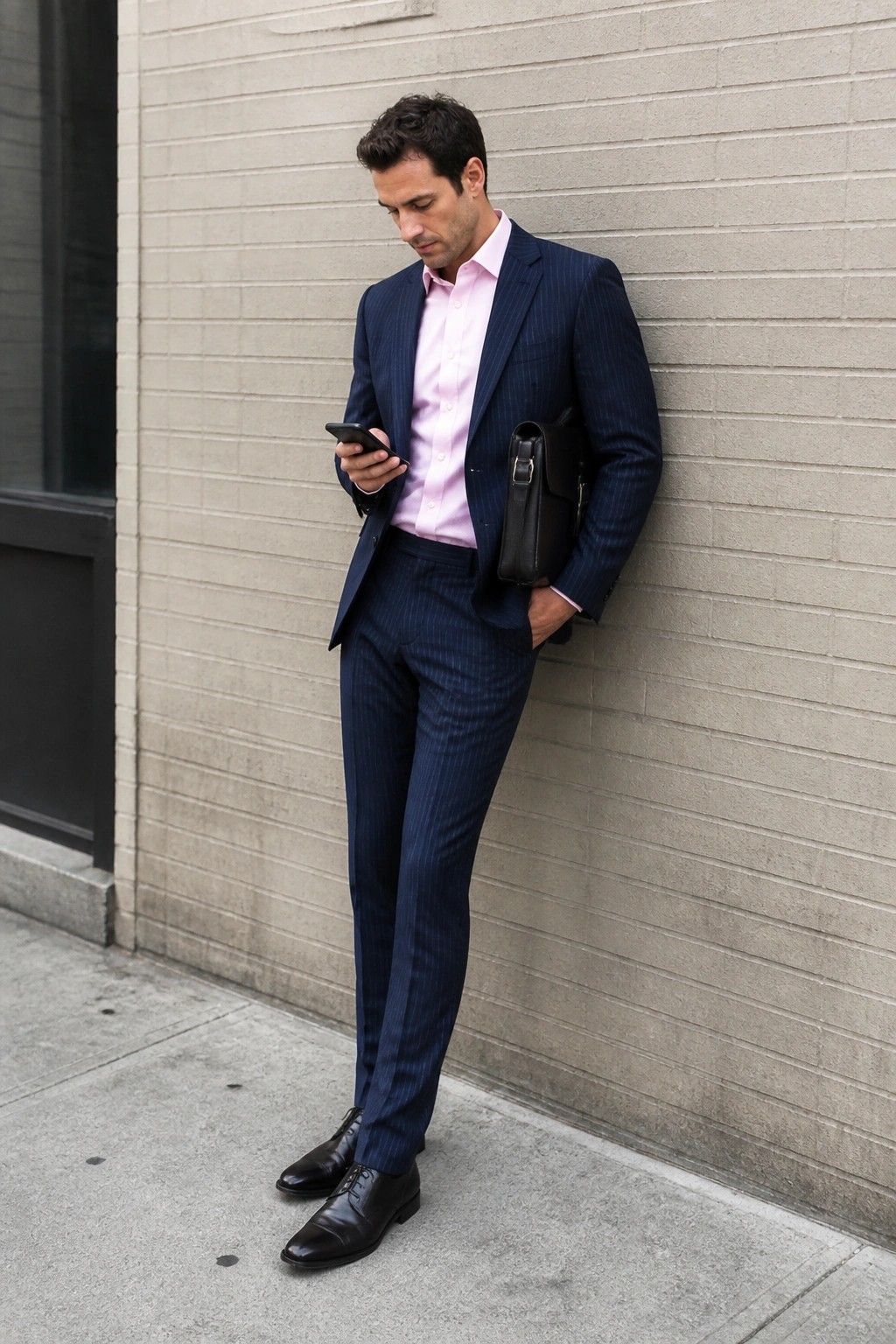 Man in navy pinstripe suit and pink shirt checks phone by brick wall