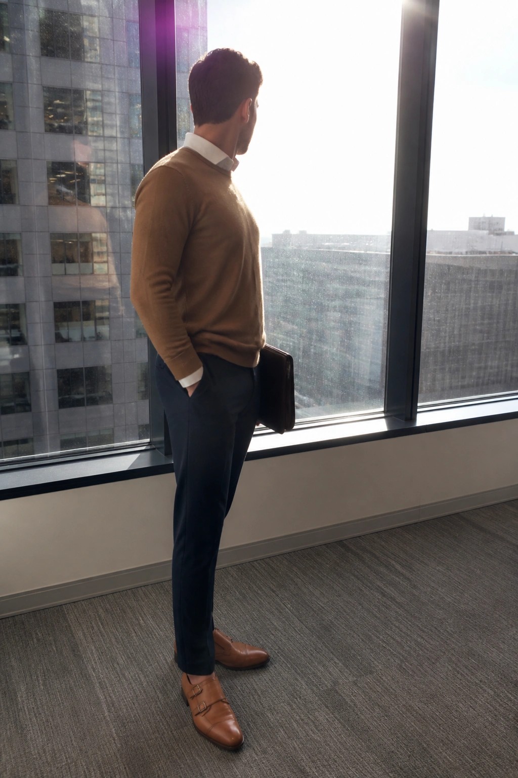 Man in brown sweater and navy pants holding briefcase by office window