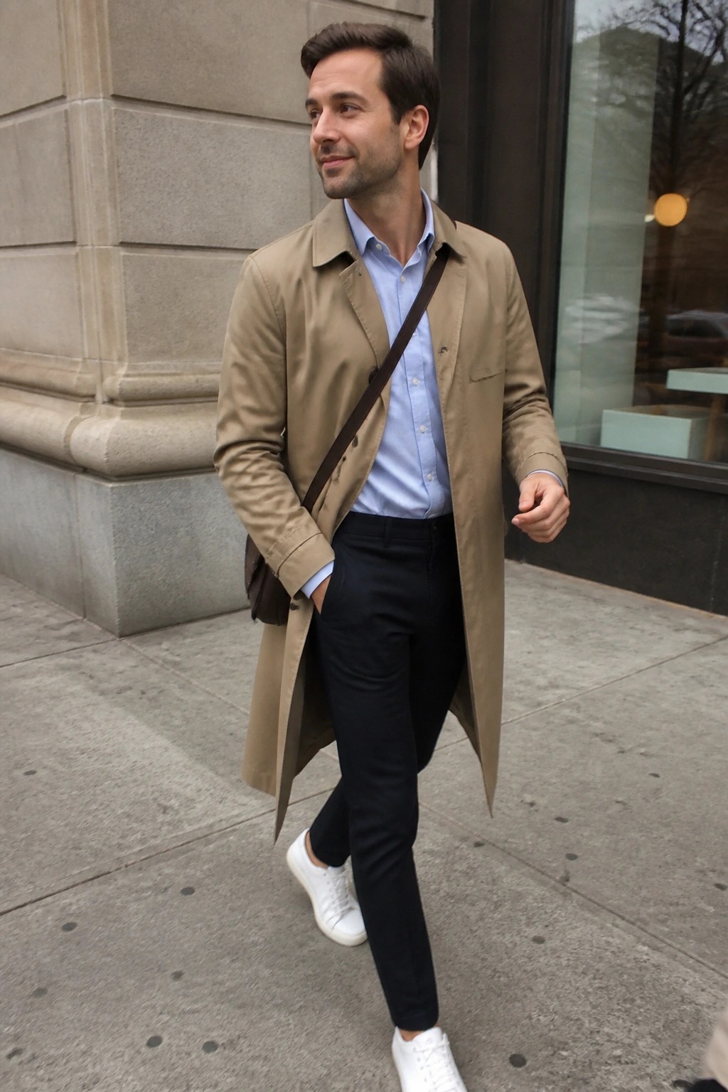 Man in tan trench coat over blue shirt walking on city sidewalk