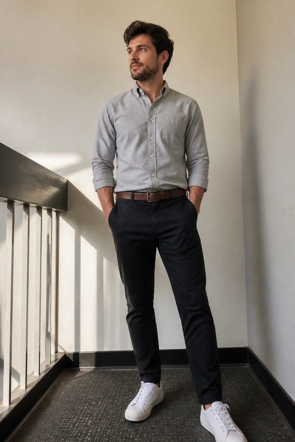 Young man in gray shirt and dark pants stands with hands in pockets on stairs.