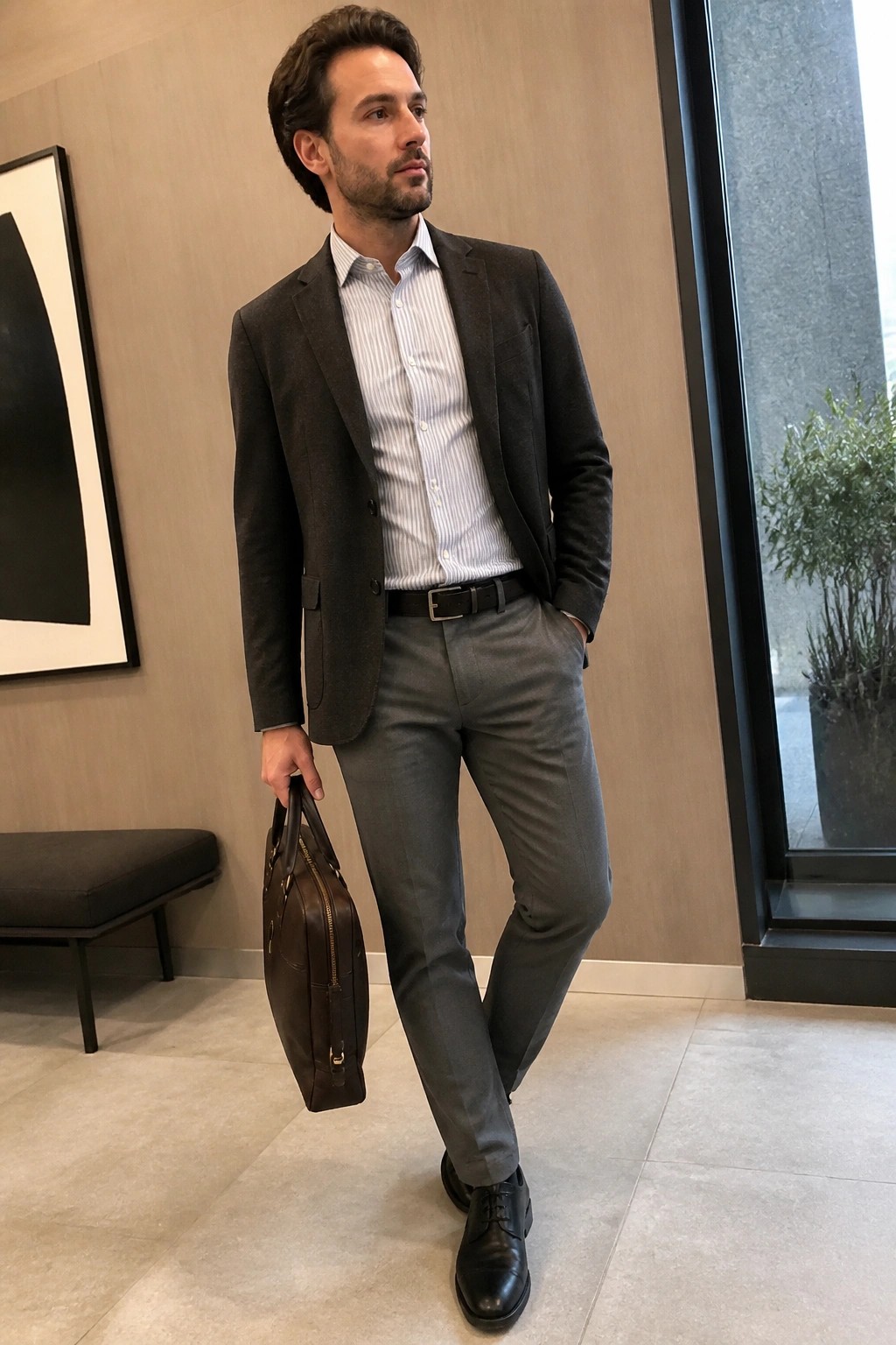Man wearing a dark charcoal blazer over a blue and white striped button down shirt with gray trousers, black belt, black dress shoes, and carrying a brown leather briefcase in a modern indoor setting.