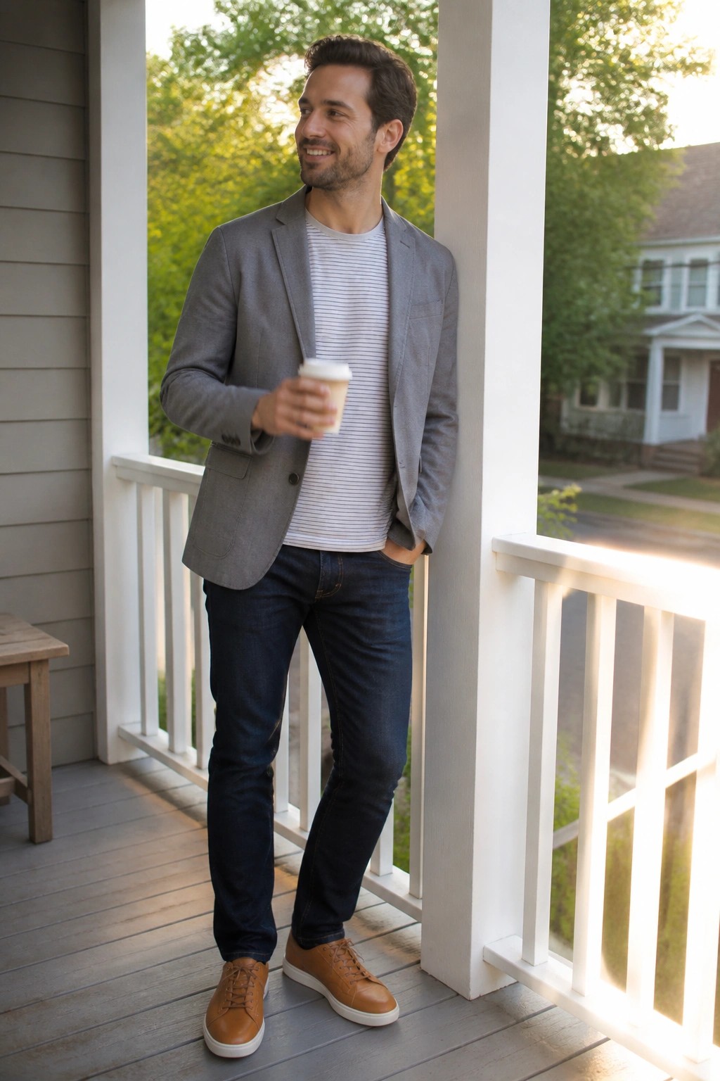 Man in gray blazer over white striped t-shirt paired with dark blue jeans and brown sneakers holding a coffee cup.