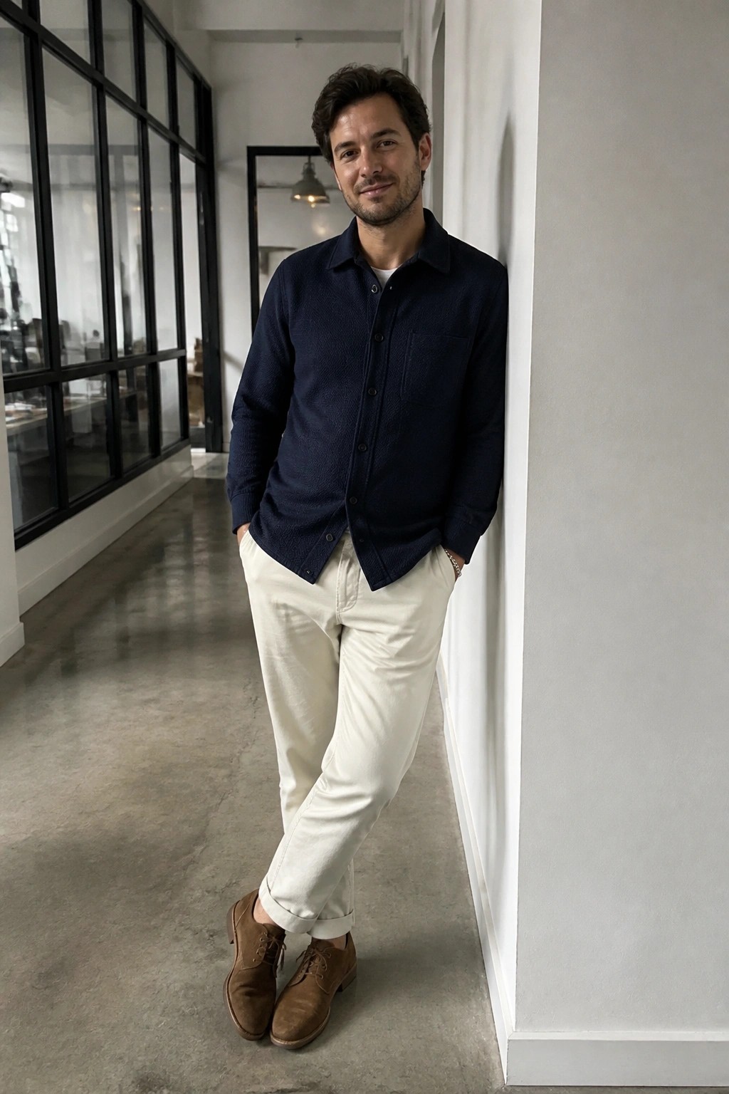 Man in navy blue shirt and beige pants leaning against wall in hallway