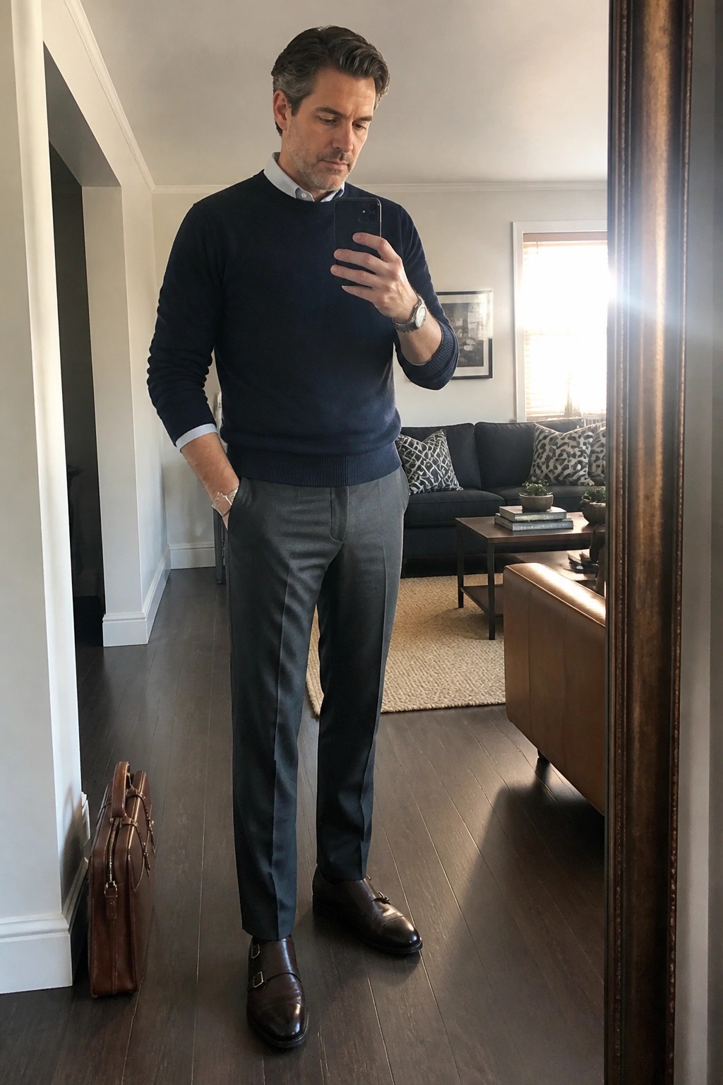 Man in navy sweater and gray pants taking mirror selfie with briefcase nearby