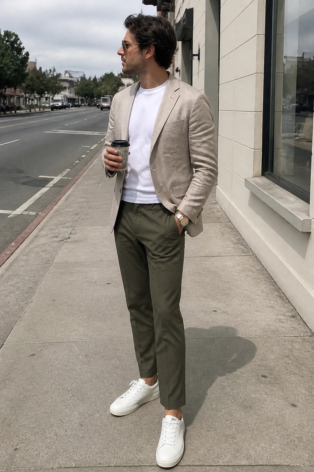 Man in beige blazer and olive pants holds coffee on city sidewalk