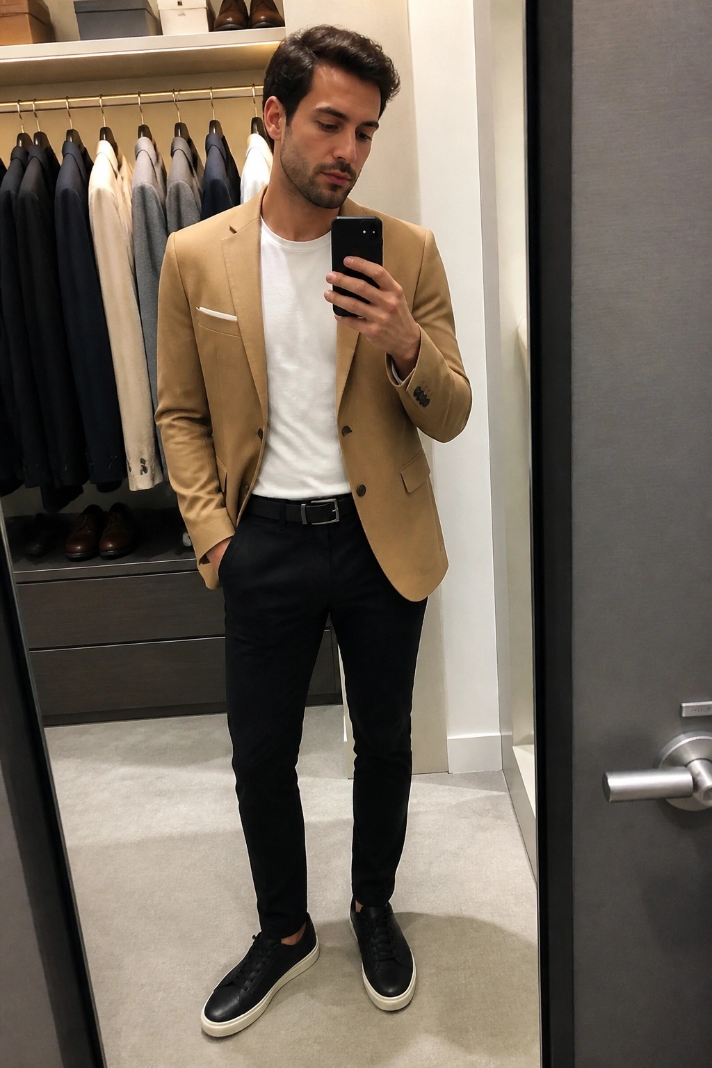 Man in tan blazer over white tee with black pants taking mirror selfie
