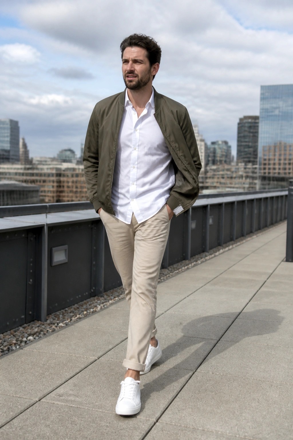 Man in green bomber jacket, white shirt, beige pants, white sneakers on city rooftop.
