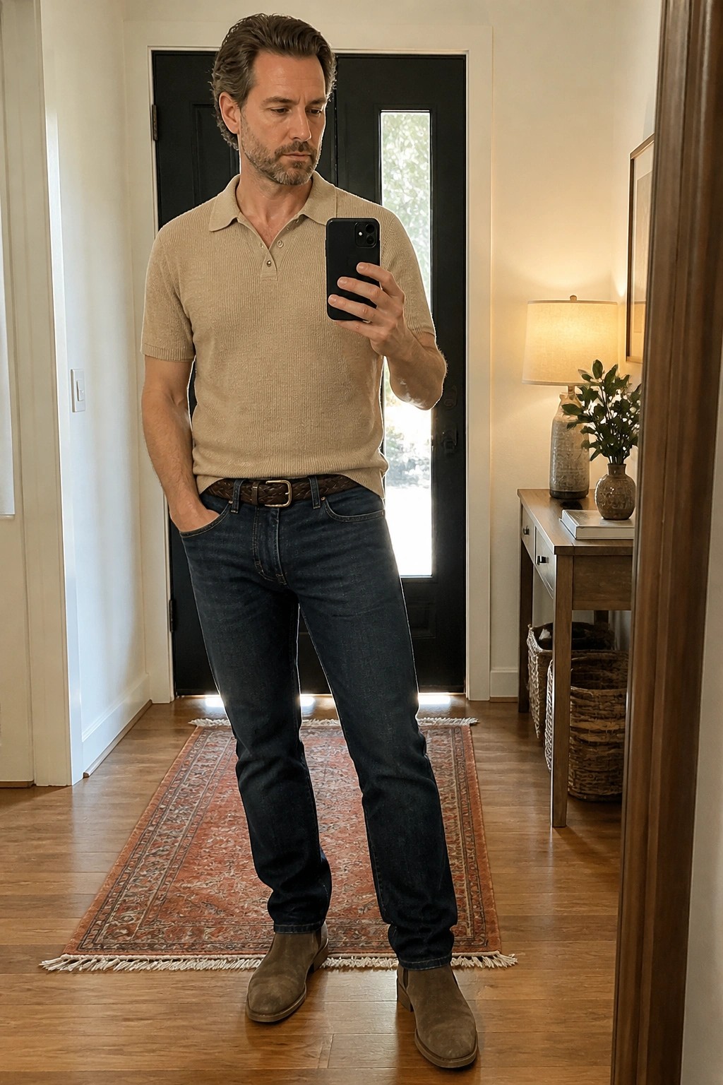 Man in beige polo sweater and jeans taking mirror selfie in entryway
