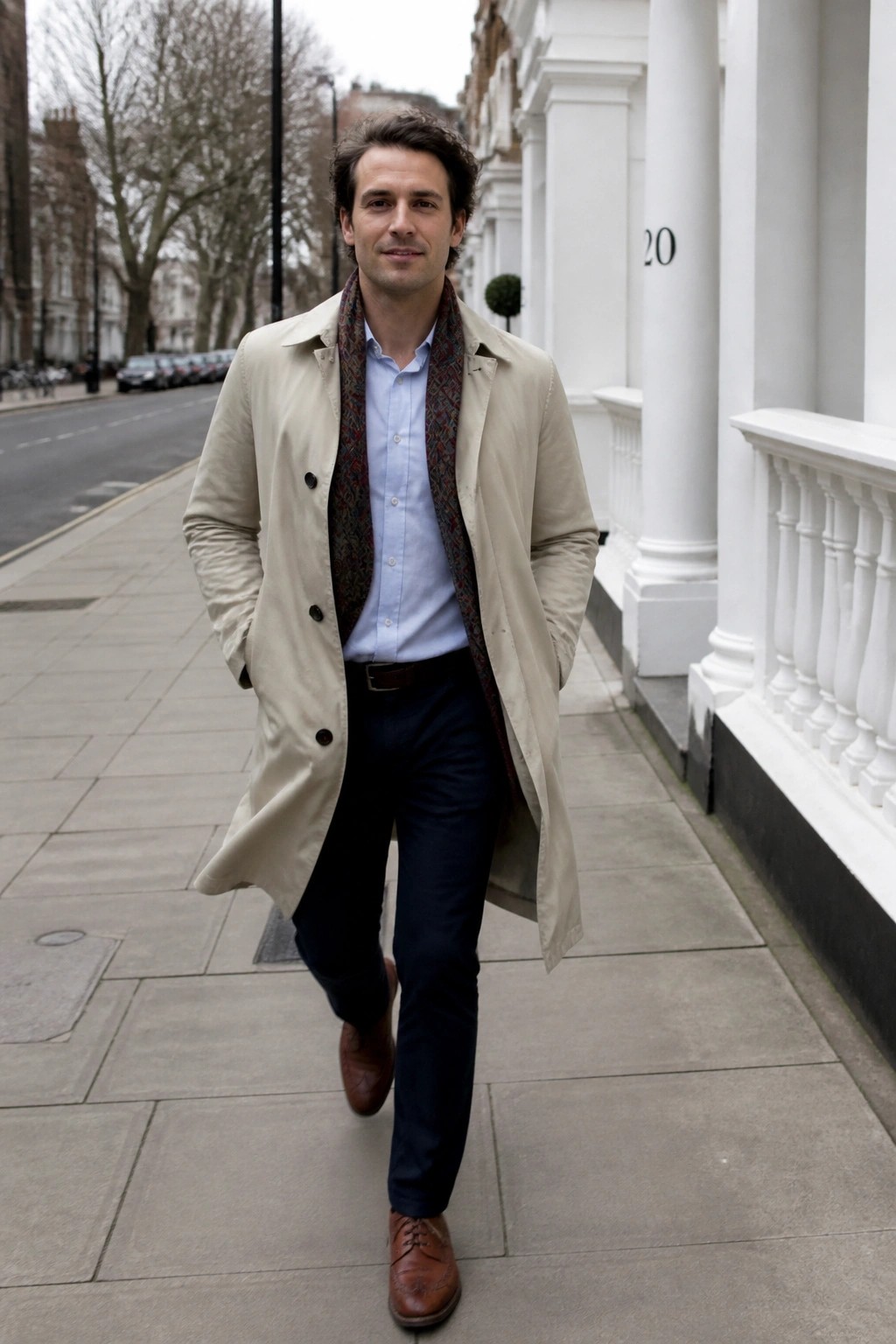 Man in beige trench coat and patterned scarf walking on city sidewalk
