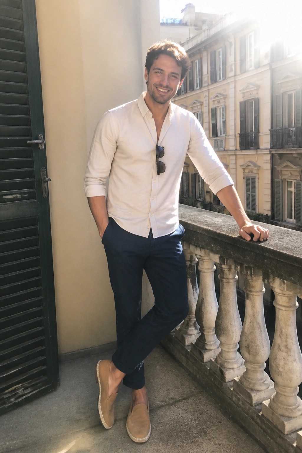 Smiling man in white shirt and navy pants leaning on sunny balcony railing