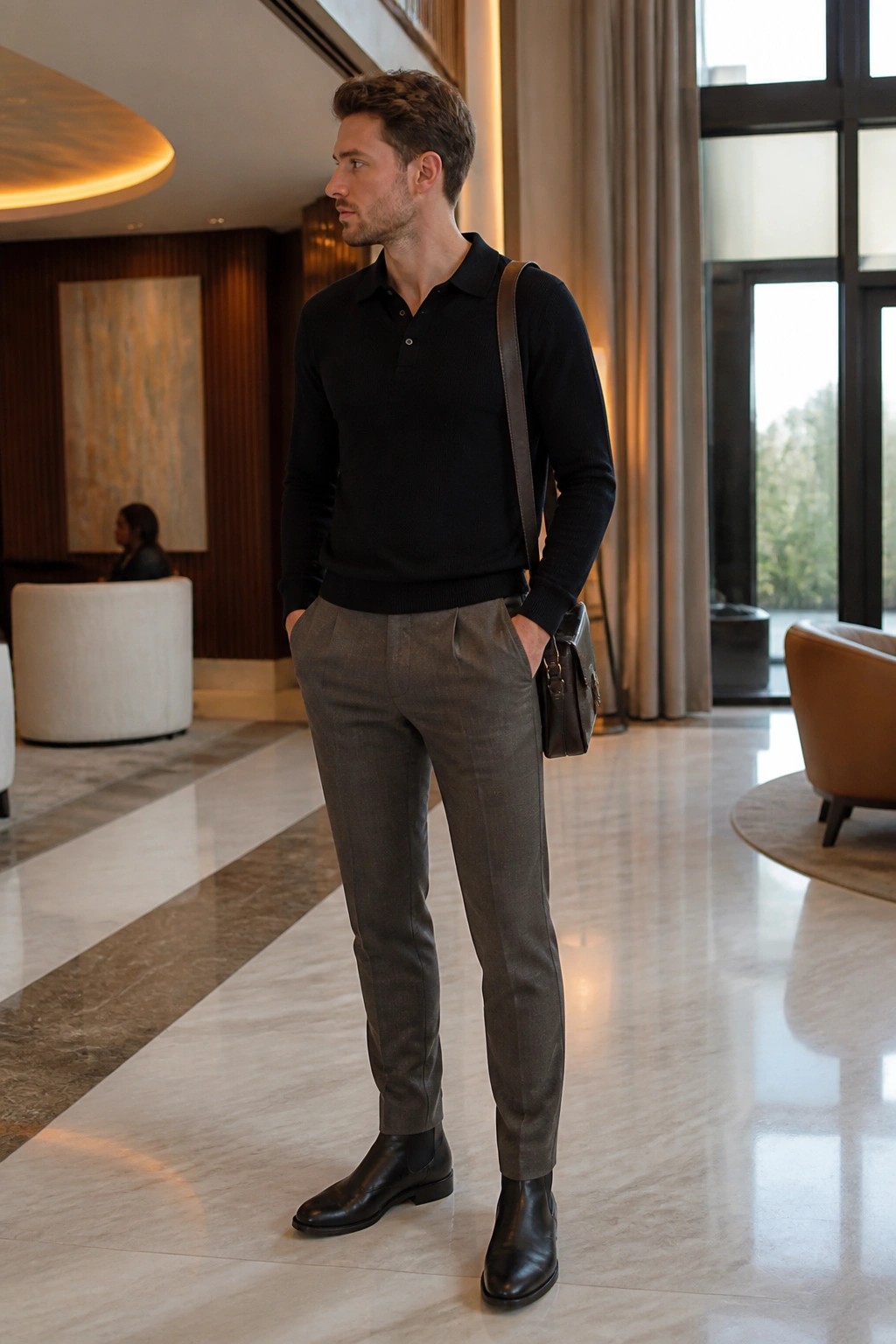 Man in black polo shirt and gray trousers with brown leather bag in modern lobby