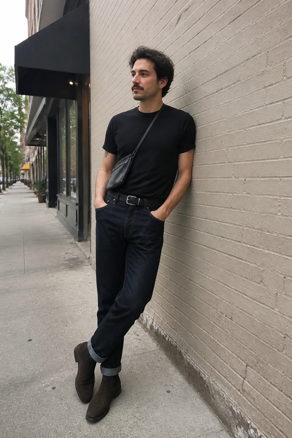 Man in black t-shirt and jeans with crossbody bag leaning on brick wall